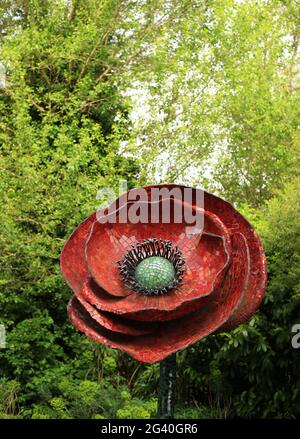 Mosaikmohn-Skulptur im Cripplegate Park, Worcester, Worcestershire, England, Großbritannien. Stockfoto