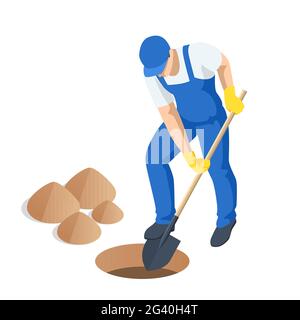 Landwirtschaftliche Arbeit. Isometrischer Mann, der mit einer Schaufel Boden gräbt. Landwirtschaftliche Tätigkeit des Landwirts. Arbeiten im Garten. Der Mensch gräbt ein Loch, um einen Baum zu Pflanzen. Stock Vektor