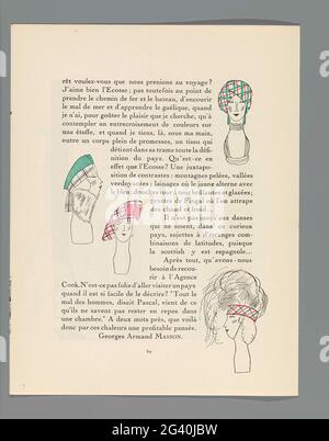 Gazette du bon Ton, 1923, Nr. 2, S. 52: La Vogue de l'écossais. Text über Schottland und die Mode des schottischen Fensters, von Georges Armand Masson. Abbildung: Zwei Berets (Hauben) aus schottischem Diamanten, ein Turban aus schottischem Diamanten und ein Haarband mit großen Federn. Stockfoto