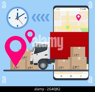 Lieferservice über moderne Technologie. Tracking-System. Mobile App.Lieferwagen mit Karton, Handy. Stock Vektor