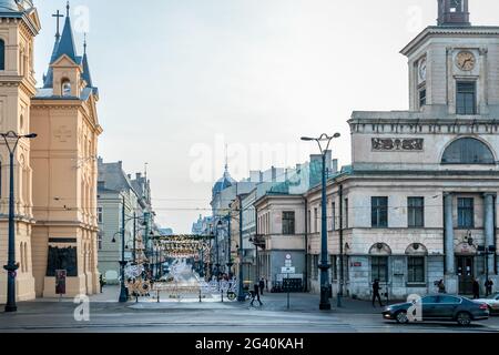 Plac Wolnosci und Ulica Piotrkowska, zentrale Einkaufsstraße in Lodz, Polen, Europa Stockfoto