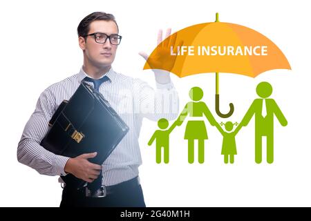 Lebensversicherungs-Konzept mit Geschäftsmann Taste drücken Stockfoto