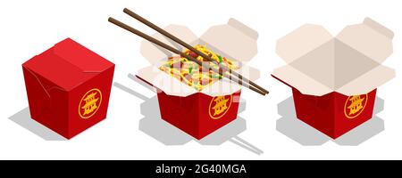 Isometrische Noodles Box, Fast Food-Menü Asiatische Chinesische Gerichte. Geöffnete und geschlossene Box mit Nudeln, Essstäbchen innen gefüllt herausnehmen. Chinesisches Restaurant. Stock Vektor