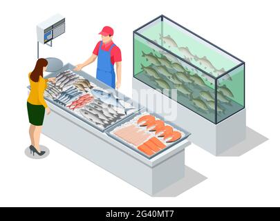 Isometric Fresh Fish and Seafood Sale Market. Frischer Fisch im FreshMarket oder Supermarkt gekühlter Fisch frisch. Seebarsch und Brassen FreshFish Stock Vektor