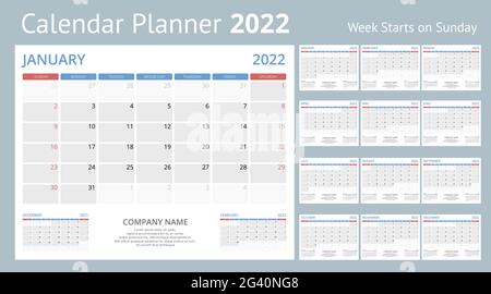 Kalender-Planer für 2022. Kalendervorlage für 2022. Briefpapier Design Druckvorlage mit Platz für Foto, Ihr Logo und Text. Unternehmens- und Stock Vektor