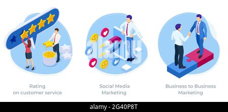Isometrische Bewertung zu Kundenservice, Social Media Marketing, Business to Business Marketing, Unterstützung der Unternehmenszufriedenheit Stock Vektor