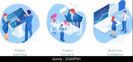 Isometrisches Konzept der Geschäftsunterstützung. Interaktiver Informationsstand, Werbedisplay, Terminal-Ständer. Projektplanung, Projekt-Live-Zyklus Stock Vektor