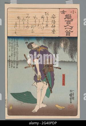 Ogura Nachahmung der hundert Gedichte. Nagoya Sanzaburo wischt mit seiner Sandale das Blut seines Feindes von seinem Schwert. Szene aus einem Kabukiten-Team. Gedicht von Abe No Nakamaro. Stockfoto