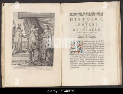 Maria de 'Medici, Karel I und Henrietta Maria; Histoire de l'Entrance de la reine Mere du Roy Tres Chrestien, Dans La Grande Bretagne. Maria de 'Medici steht auf einer Bühne und unter einem Baldachin. König Charles I van England präsentiert ihr sein Zepter und seine Frau Henrietta Maria ihre Krone. Drei Männer knien im Vordergrund. Einer von ihnen erreicht sein Schwert. Am unteren Rand vier Zeilen Text in zwei Spalten, in Französisch. Der Druck ist Teil eines Buches über den Empfang der französischen Königsmutter Maria de 'Medici nach England. Stockfoto