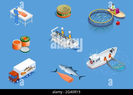 Isometrisches Konzept für Fisch und Meeresfrüchte in der Fischindustrie. Kommerzielle Fischerei. Seefischerei, Schiffsindustrie, Fischboot. Stock Vektor