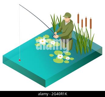 Fischer mit Angelrute. Isometrischer Fischer mit einer Angelrute fischt auf einem See oder Fluss. Der Fischer steht mit einer Angelrute im Wasser Stock Vektor