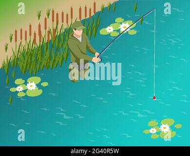 Fischer mit Angelrute. Isometrischer Fischer mit einer Angelrute fischt auf einem See oder Fluss. Der Fischer steht mit einer Angelrute im Wasser Stock Vektor