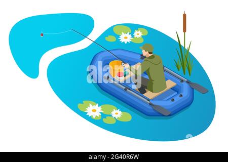 Isometrischer Fischer mit Angelrute sitzt in einem aufblasbaren Boot und fängt Fische auf einem See oder Fluss. Fischer sitzen mit Angelrute und beobachten Stock Vektor