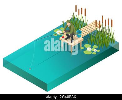 Fischer mit Angelrute. Isometrischer Fischer mit einer Angelrute fischt auf einem See oder Fluss. Fischer sitzen mit Angelrute und beobachten Stock Vektor