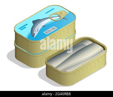 Isometrische Dose von Sardinen. In einem Stapel gestapelte Sardinendosen mit offenem, isoliertem Hintergrund Stock Vektor