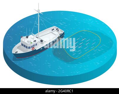 Isometrische Schifffahrt Meeresfrüchte Industrie Boot isoliert auf weißem Hintergrund. Seefischerei, Schiffsindustrie, Fischboot. Fischerboot, Fischerboot. Stock Vektor