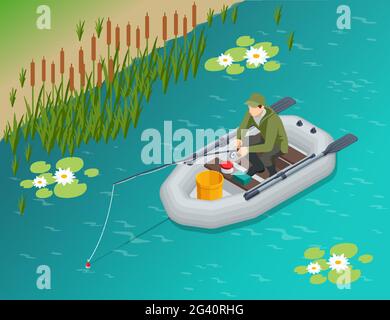 Isometrischer Fischer mit Angelrute sitzt in einem aufblasbaren Boot und fängt Fische auf einem See oder Fluss. Fischer sitzen mit Angelrute und beobachten Stock Vektor