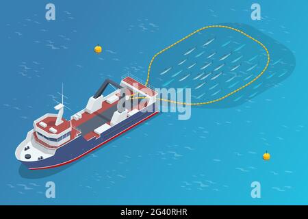 Isometrische Schifffahrt Meeresfrüchte Industrie Boot isoliert auf weißem Hintergrund. Kommerzieller Seeverkehr Seefischerei, Schiffsindustrie, Fischboot Stock Vektor