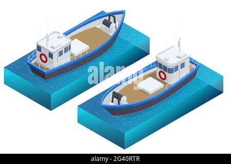 Isometrischer Angelschoner, Fischerboot oder Schiff, isoliert auf weißem Hintergrund. Fischerboot, Trawler für industrielle Meeresfrüchteproduktion Meeresfischen Stock Vektor