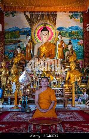 Junger Mönch posiert vor der Buddha-Statue im VAT Chom Khao Manilat Tempel, Houayxay (Huay Xai), Provinz Bokeo, Laos, Asien Stockfoto