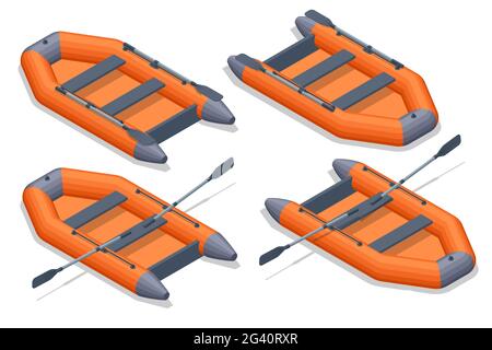 Isometrisches Set Icons von orangen Gummi aufblasbaren Boot. Schlauchboot für Erholung und Reisen auf dem Wasser Stock Vektor