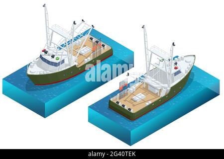 Isometrische Schifffahrt Meeresfrüchte Industrie Boot isoliert auf weißem Hintergrund. Seefischerei, Schiffsindustrie, Fischboot. Fischerboot, Fischerboot Stock Vektor