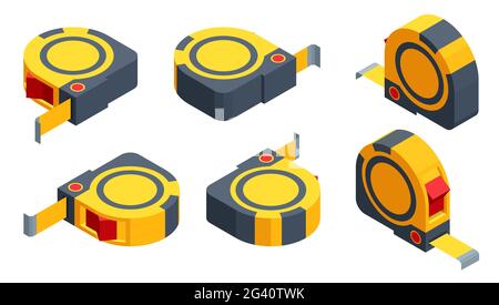 Isometrische Set-Symbole des Maßbandes isoliert auf weißem Hintergrund. Band-Line, Maßband für Bauarbeiten. Stock Vektor