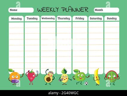 Planungsvorlage. Wochenplaner für Kinder und Schulplan mit coolen Früchten im Cartoon-Stil Stock Vektor