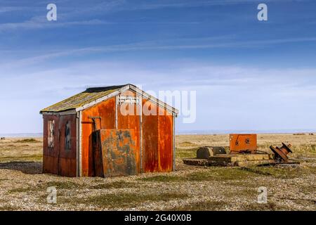 Die alte Fischerhütte auf Dungeness Strand Stockfoto