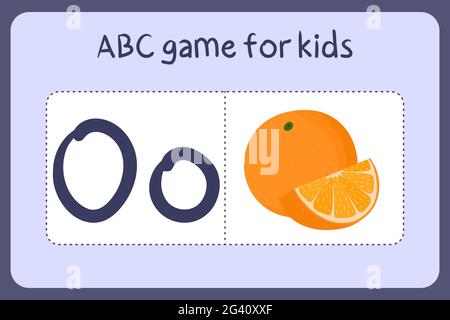 Kind Alphabet Mini-Spiele im Cartoon-Stil mit dem Buchstaben O - orange. Vektor-Illustration für Spiel-Design - Schneiden und spielen. Lerne abc mit Flash-Karten für Obst und Gemüse. Stock Vektor