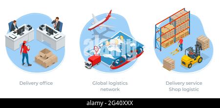 Globales Logistiknetzwerk isometrische Illustration Icons Satz von Luftfracht LKW-Bahn-Transport Seeschifffahrt pünktlich Lieferfahrzeuge Stock Vektor