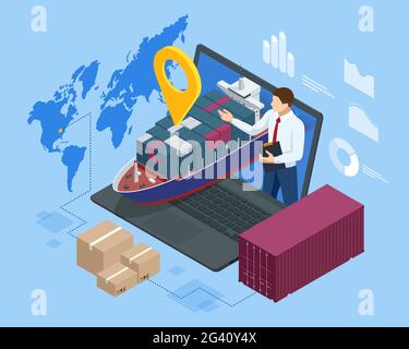 Isometrische Logistik und Lieferung Seefracht. Güterverkehr, Schifffahrt, Seeschiff, Containerschiff Stock Vektor