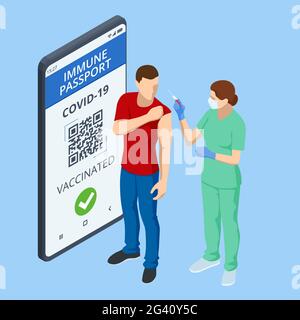 Isometrisches Mobiltelefon mit digitalem Immun-Gesundheitspass für covid-19. COVID-19 Immunity Passport, Immunitätszertifikat, Impfpass. Stock Vektor