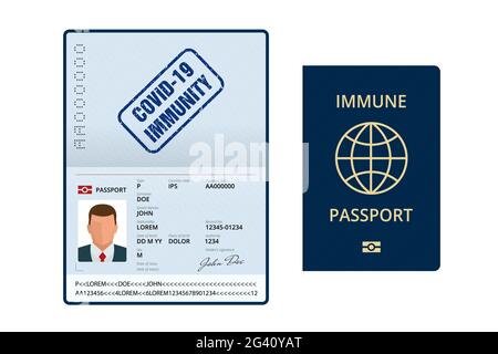 COVID-19 Immunity Passport, Immunitätszertifikat, Impfpass. Internationaler Reisepass mit Beispiel für persönliche Daten. Stock Vektor