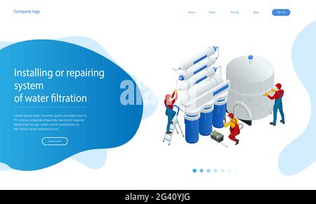 Isometrische Installation oder Reparatur-System der Wasserfiltration zu Hause Konzept. Reinigung Osmose-System reparieren. Trinkwasser. Sanitäranlagen Stock Vektor