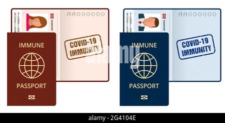 COVID-19 Immunity Passport, Immunitätszertifikat, Impfpass. Internationaler Reisepass mit Beispiel für persönliche Daten. Stock Vektor