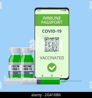 Mobiltelefon mit digitalem Immun-Gesundheitspass für covid-19. COVID-19 Immunity Passport, Immunitätszertifikat, Impfpass. Stock Vektor