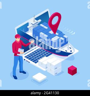 Isometrische Logistik und Lieferung Seefracht. Güterverkehr, Schifffahrt, Seeschiff, Containerschiff Stock Vektor