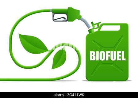 Fässer mit Biokraftstoff. Gaspumpendüse und grüner Kanister. Grüne Energie. Rette die Erde, Ökologie, alternative Energie. Stock Vektor