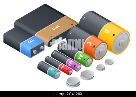 Isometrische Alkali-Mangan-Batterie, Akkumulatoren. Alkali-Zylinder, Akkumulator und Knopfzellen. Gruppe von Batterien unterschiedlicher Größe, isoliert auf Weiß Stock Vektor