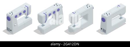 Isometrische Nähmaschine isoliert auf weißem Hintergrund. Textilindustrie. Nähzubehör und Stoff. Schneiderei, Modedesigner-Werkstatt Stock Vektor