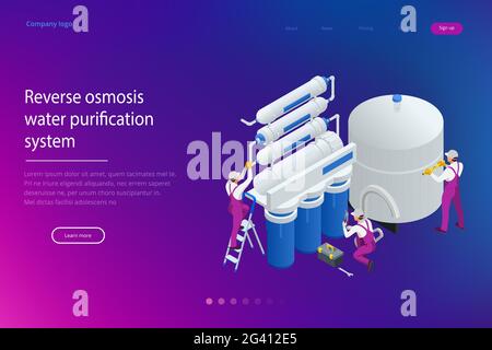 Isometrische Installation oder Reparatur-System der Wasserfiltration zu Hause Konzept. Reinigung Osmose-System reparieren. Trinkwasser. Sanitäranlagen Stock Vektor