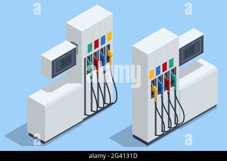 Isometrische Kraftstoffpumpen an einer Tankstelle. Bunte Fülldüsen für Benzinpumpen isoliert auf weißem Hintergrund Stock Vektor