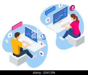 Isometrische Prozessverwaltung für Geschäftsdatenanalysen auf einem virtuellen Bildschirm, auf dem Statistiken zu Umsatz- und Betriebsdaten sowie wichtige Leistungsdaten angezeigt werden Stock Vektor