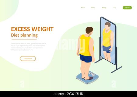 Isometric Healthy food and Diet planning. Fat man looks with a mirror and introduces herself slender, the dream of losing weight Stock Vektor