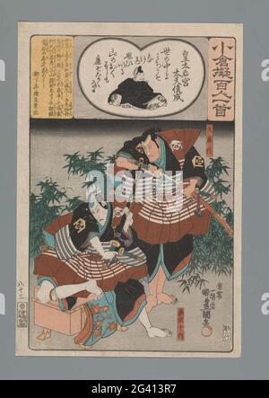 Ogura Nachahmung der hundert Gedichte. Ôtônai zieht an seinem Kleid, während Akazawa Jûnai auf einem Sarg steht. Szene aus einem Kabukiten-Team. Gedicht von shunzei. Stockfoto