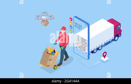 Isometrischer Lebensmittelgeschäft, Online-Markt, Lieferung nach Hause. Lebensmitteleinkauf online. Kauf von frischem Gemüse, Obst, Milch, Brot, Wurst durch die Stock Vektor