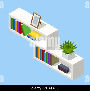 Isometrisches weißes Bücherregal, isoliert auf dem Hintergrund. Weißes Bücherregal aus Holz, gefüllt mit Büchern Stock Vektor