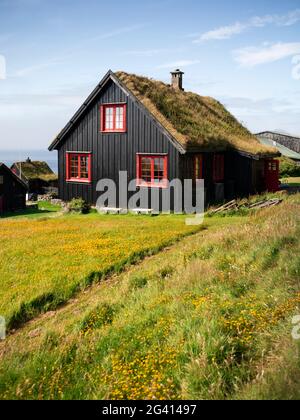 Schwarze Häuser mit roten Fenstern und einem Grasdach im Dorf Kirkjubøur auf Streymoy in der Sonne, Färöer-Inseln Stockfoto