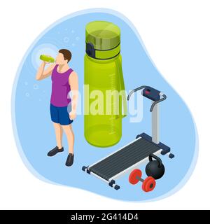 Isometrischer junger Mann, der eine Flasche Wasser trinkt. Sportwasserflasche. Laufband für aktiven Lebensstil Stock Vektor